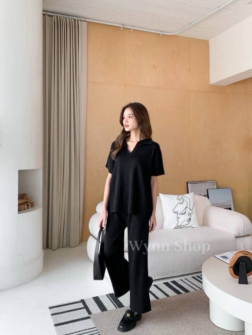 Women Casual Knitted Collar Pullover With Trousers sets